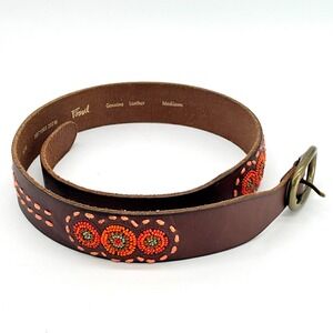 Fossil Boho Leather Belt Brown Beaded Stitched Brass Buckle Womens M 37" NWOT